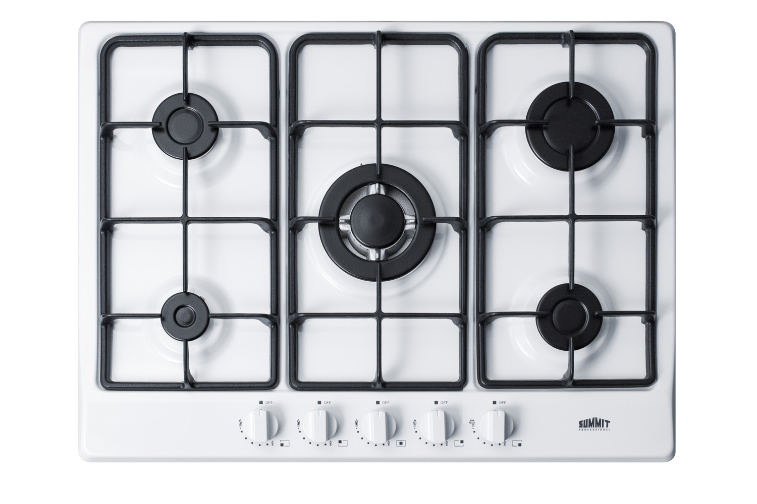 5-burner gas cooktop made in Italy in a white finish with sealed burners, cast iron grates, and wok stand; fits standard 24